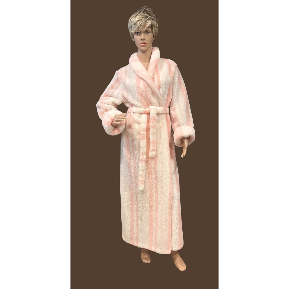 BORG TEXTILE Vintage Pink & White Striped PLUSH Long Maxi Robe Sz M